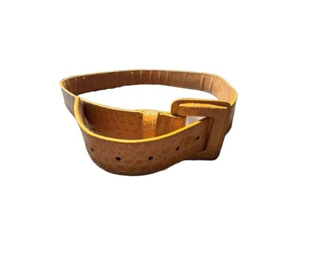 Vintage Yellow Croc Embossed Leather Belt Size L Large Buckle